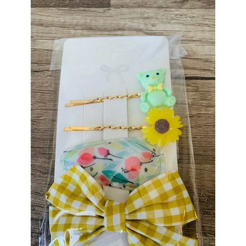 Hair pins fashion bear flower ribbon hair pin 4PC set Yellow anime LA Comic Con